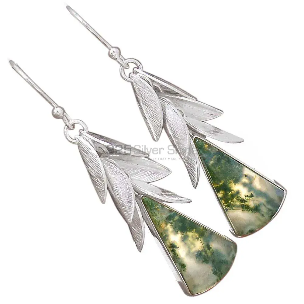 925 Sterling Silver Earrings In Genuine Moos Agate Gemstone 925SE2993_1