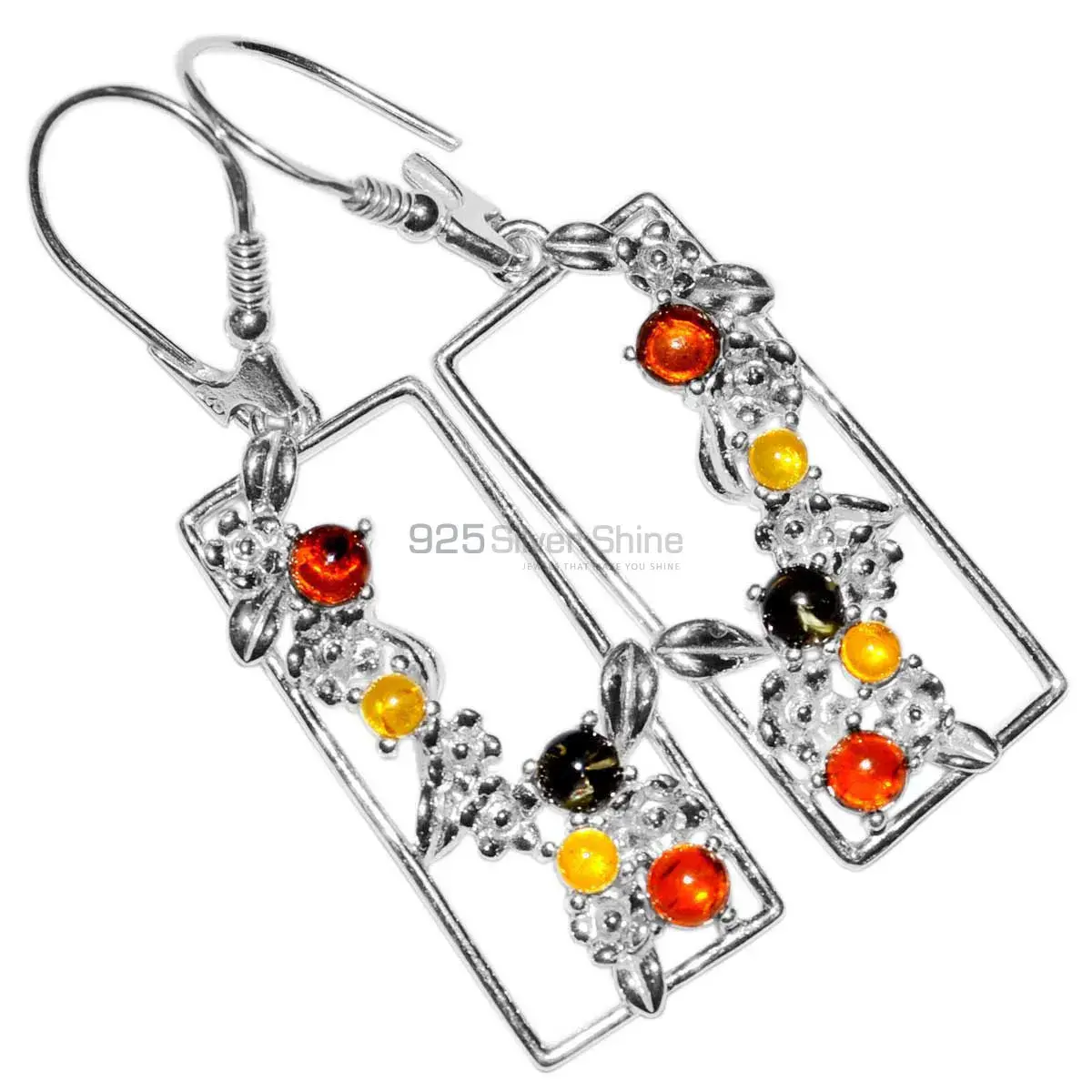 925 Sterling Silver Earrings In Natural Amber Gemstone 925SE2912_2