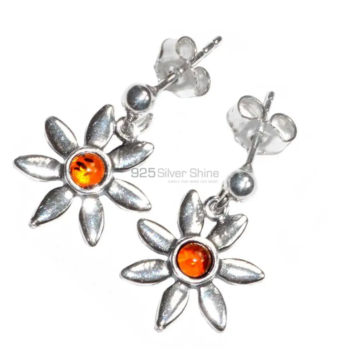 925 Sterling Silver Earrings In Semi Precious Amber Gemstone 925SE2913_1