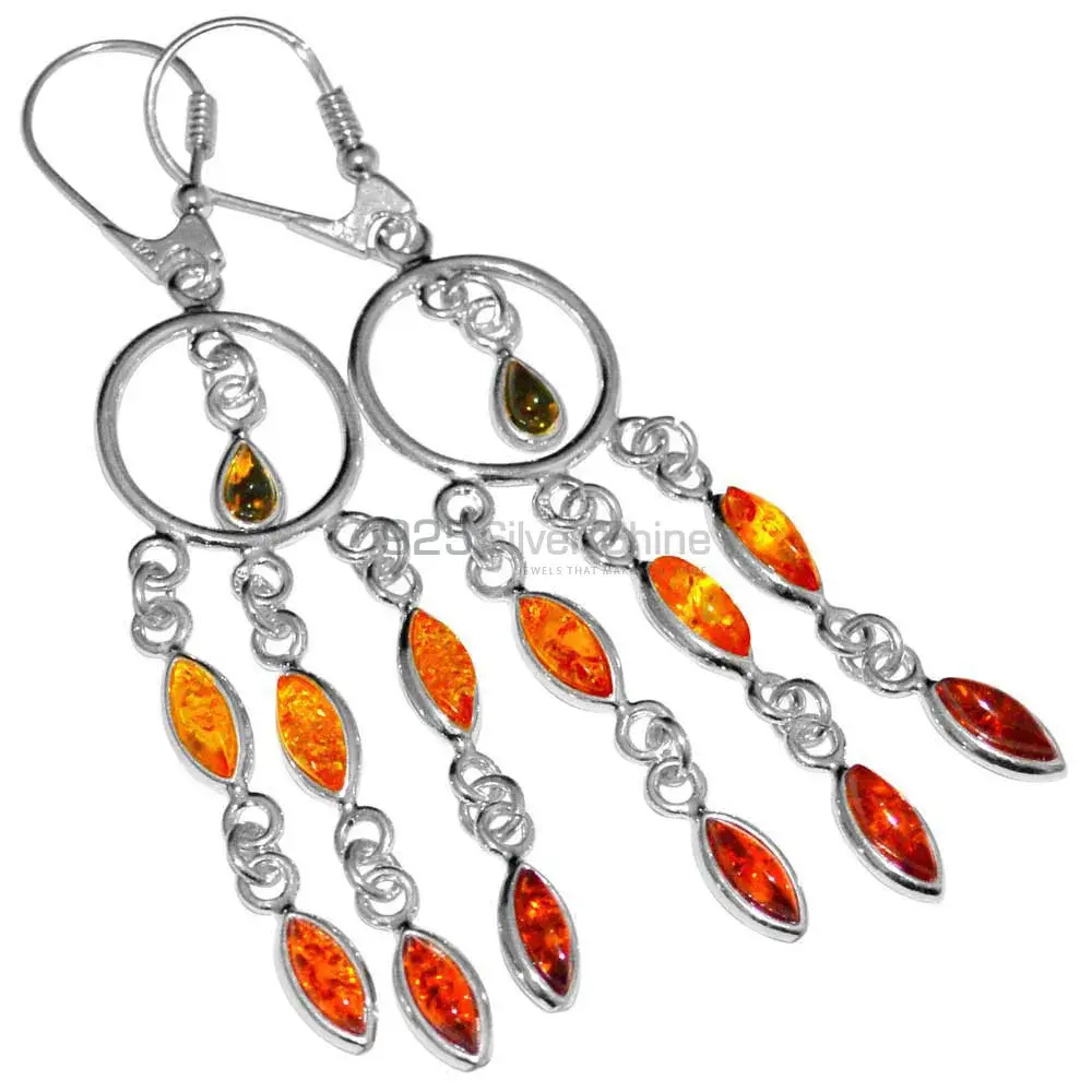 925 Sterling Silver Earrings In Natural Amber Gemstone 925SE2915_1