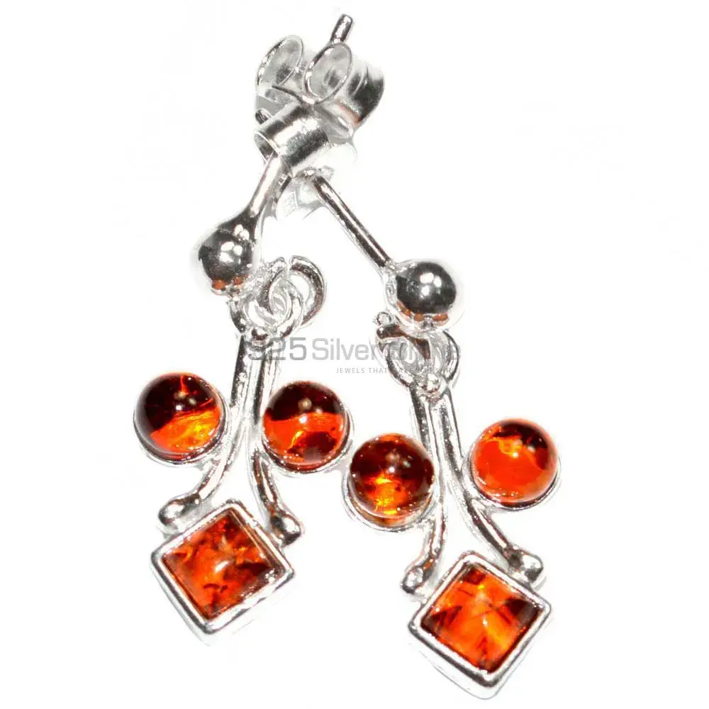 925 Sterling Silver Earrings In Genuine Amber Gemstone 925SE2911_2
