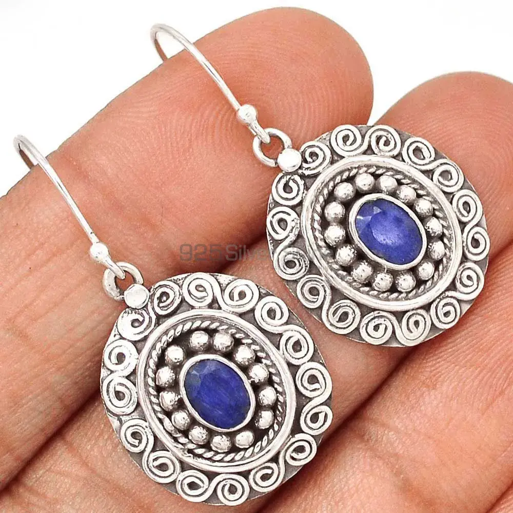 925 Sterling Silver Earrings In Genuine Dyed Sapphire Gemstone 925SE2987_1