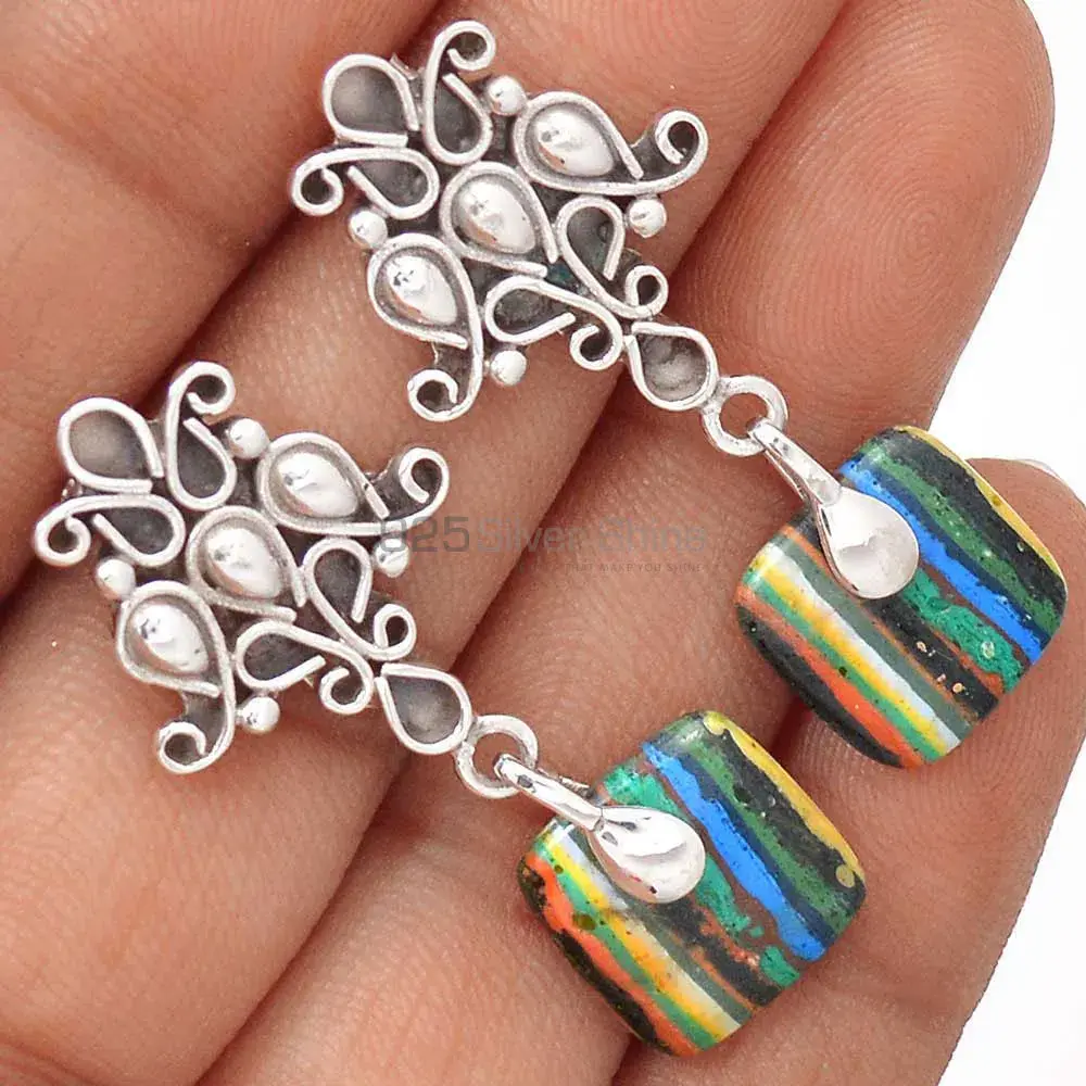 925 Sterling Silver Earrings In Genuine Rainbow Calsilica Gemstone 925SE2037_1