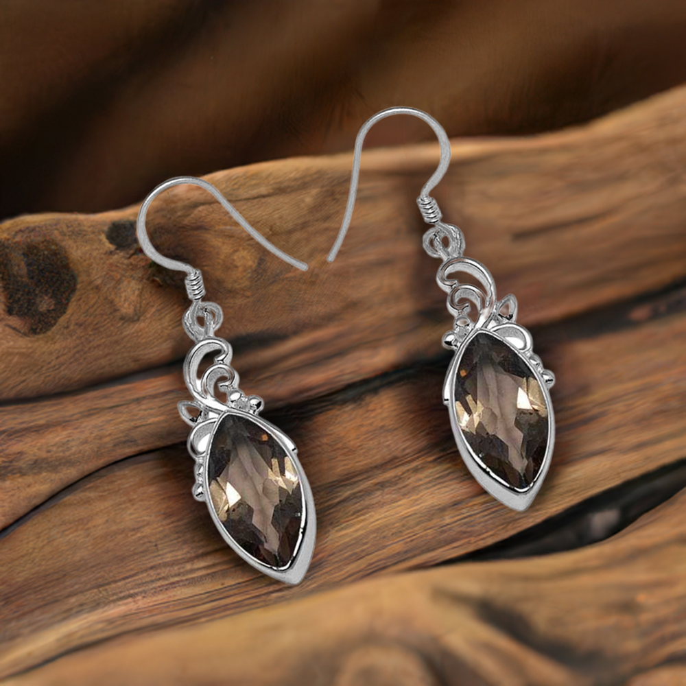 925 Sterling Silver Earrings In Genuine Smoky Quartz Gemstone 925SE1012