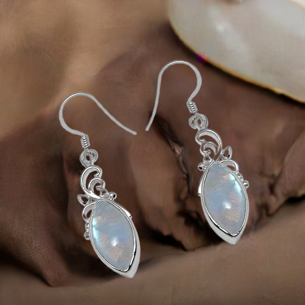 Solid 925 Silver Earrings In Natural Rainbow Moonstone 925SE1013