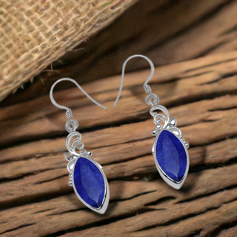 Solid 925 Silver Earrings In Semi Precious Lapis Gemstone 925SE1014