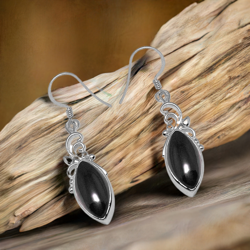 Fine 925 Sterling Silver Earrings In Natural Black Onyx Gemstone 925SE1016