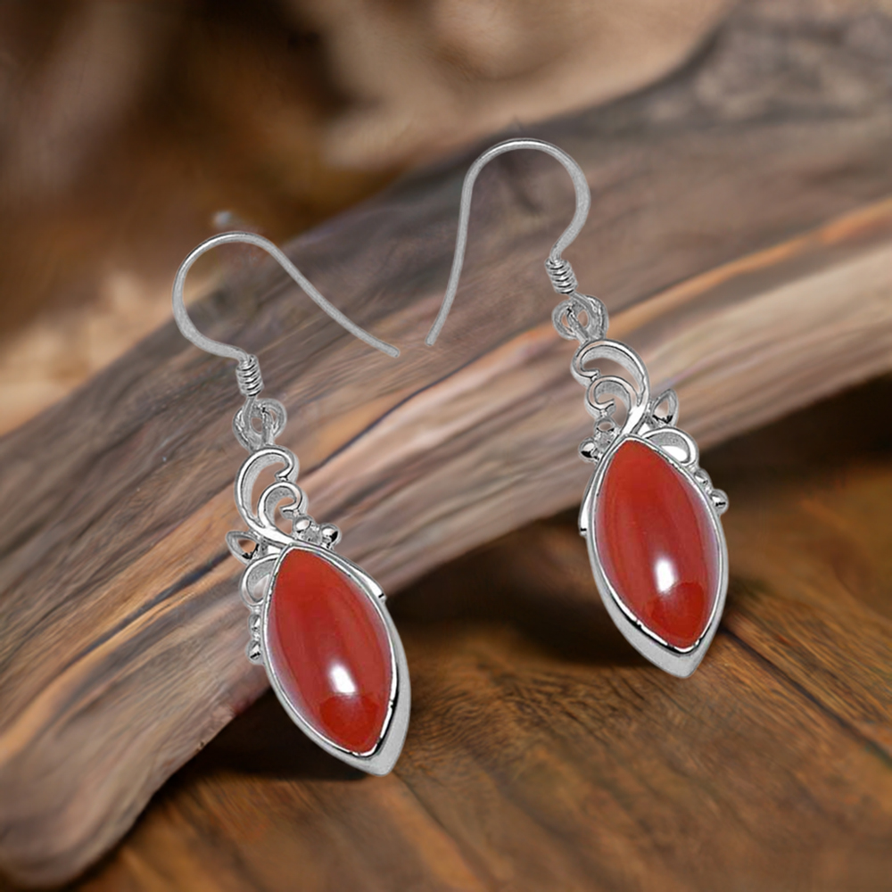 Fine 925 Sterling Silver Earrings In Semi Precious Carnelian Gemstone 925SE1017
