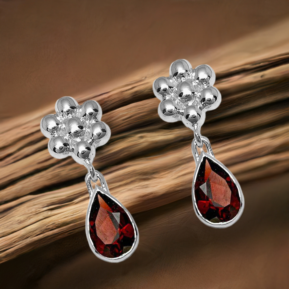 925 Sterling Silver Earrings In Genuine Garnet Gemstone 925SE1030