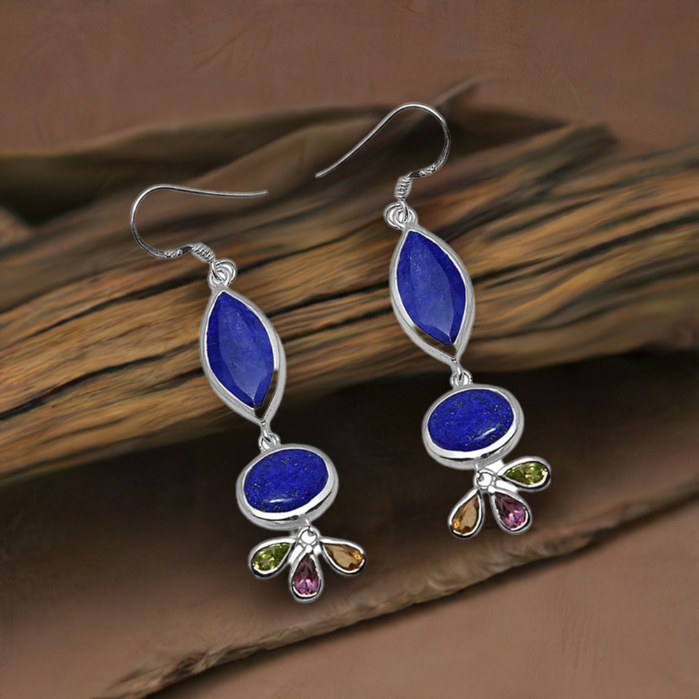 Semi Precious Multi Gemstone Earrings In 925 Sterling Silver Jewelry 925SE1050