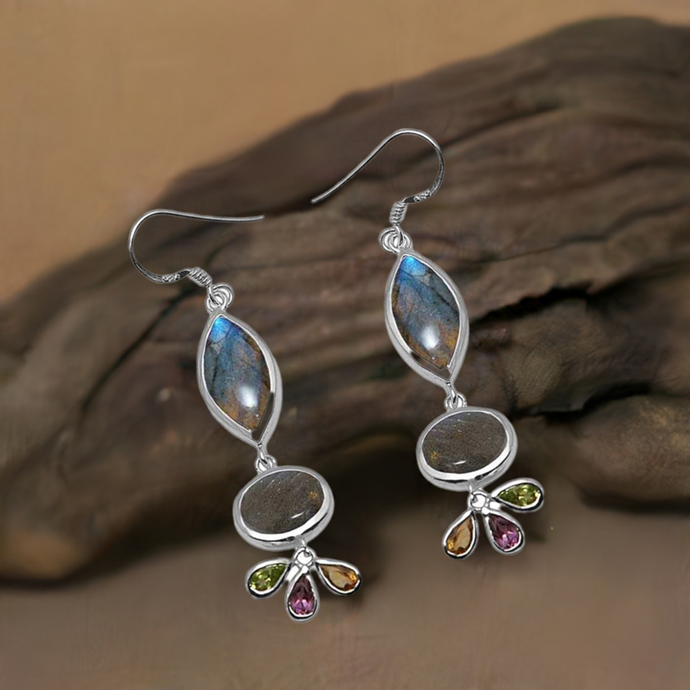 Genuine Multi Gemstone Earrings In 925 Sterling Silver Jewelry 925SE1051