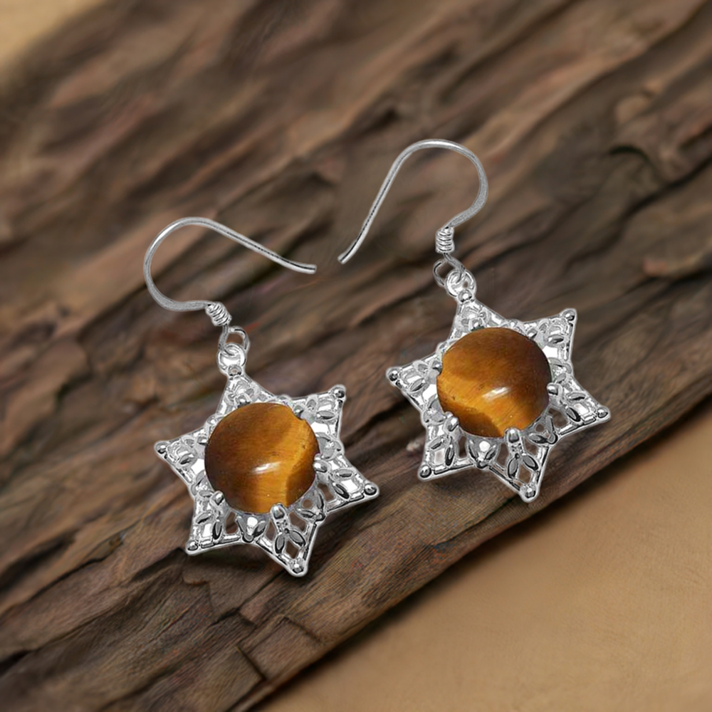 925 Sterling Silver Earrings In Genuine Tiger's Eye Gemstone 925SE1091