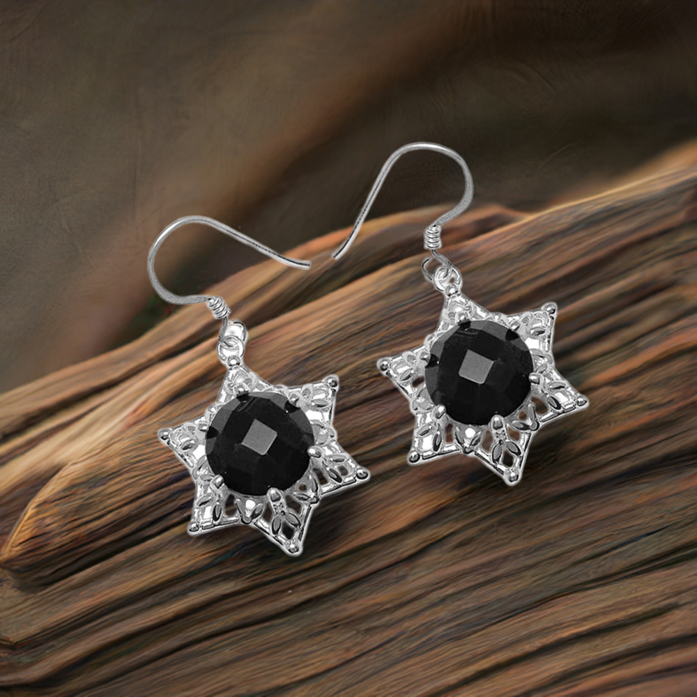 Solid 925 Silver Earrings In Semi Precious Black Onyx Gemstone 925SE1093