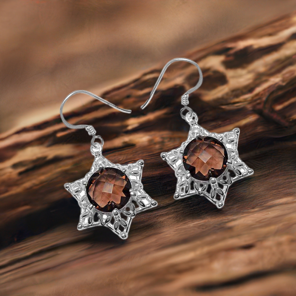 Fine 925 Sterling Silver Earrings In Natural Smoky Quartz Gemstone 925SE1095