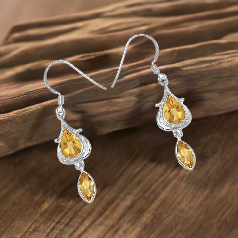 Fine 925 Sterling Silver Earrings In Semi Precious Citrine Gemstone 925SE1096