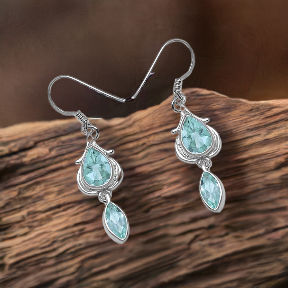 Semi Precious Blue Topaz Gemstone Earrings In 925 Sterling Silver 925SE1099