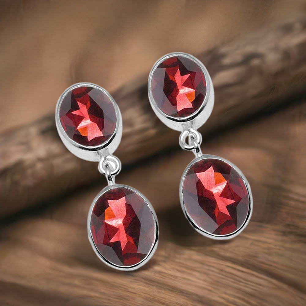 925 Sterling Silver Earrings In Genuine Garnet Gemstone 925SE1118