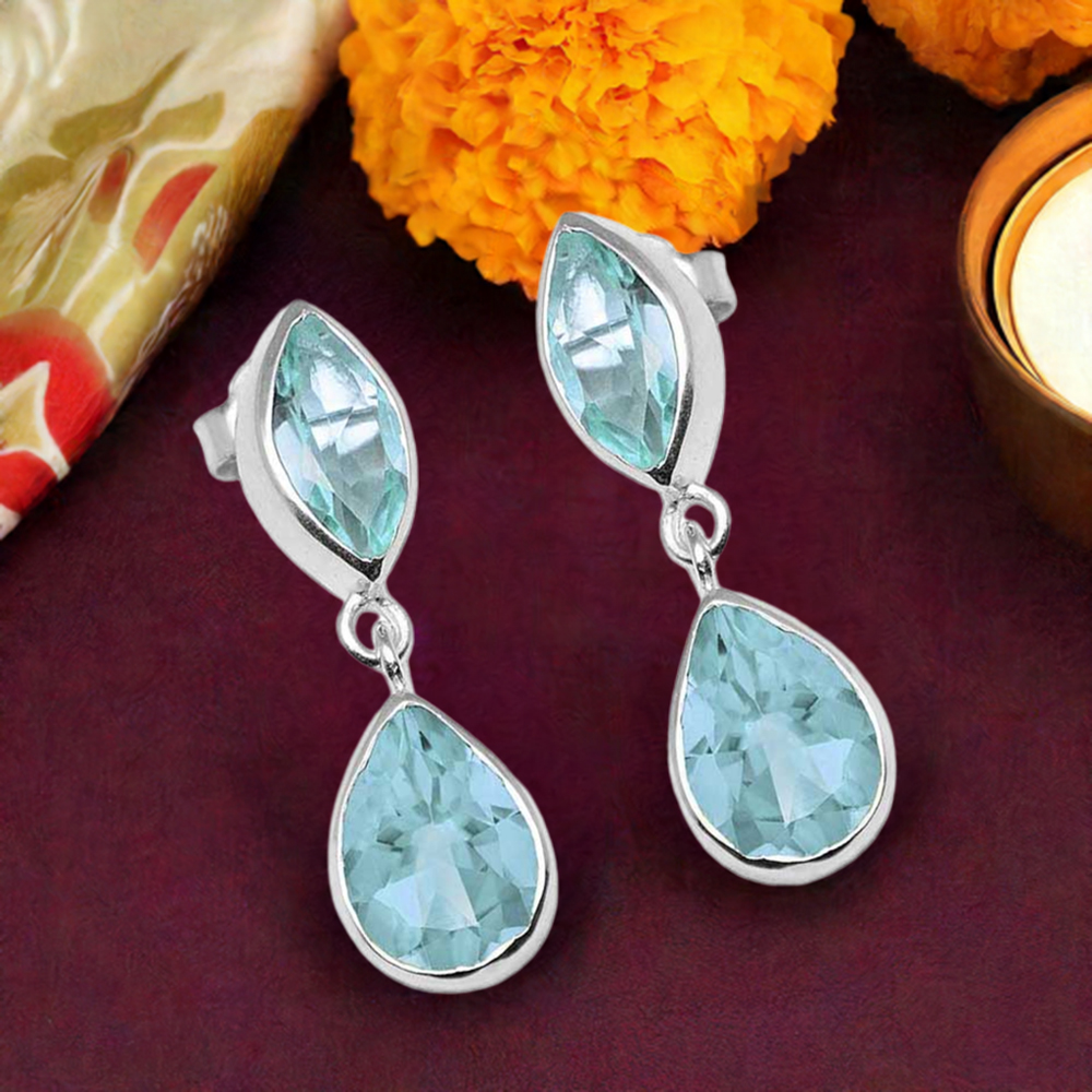 Semi Precious Blue Topaz Gemstone Earrings In 925 Sterling Silver Jewelry 925SE1129