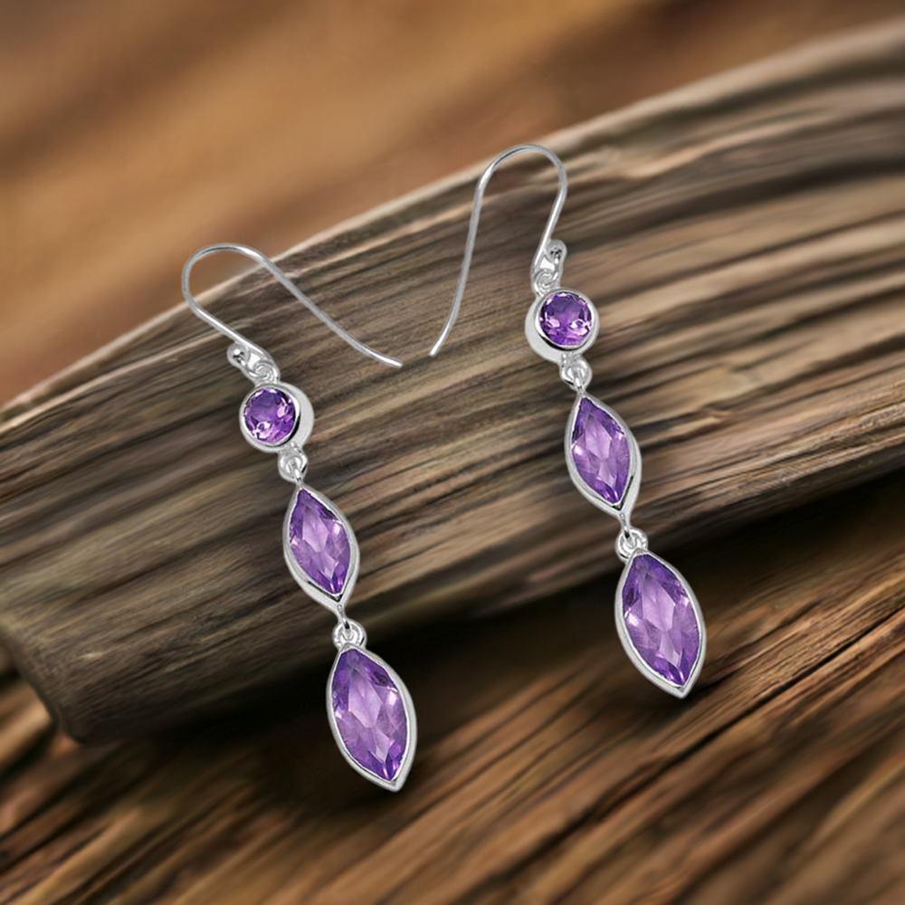 925 Sterling Silver Earrings In Amethyst Gemstone Jewelry 925SE1145