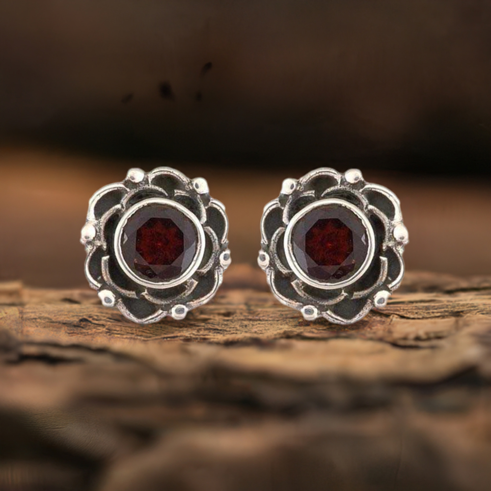 Semi Precious Garnet Gemstone Earrings In 925 Sterling Silver 925SE1169