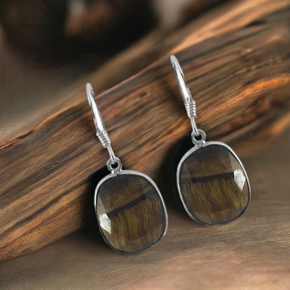 925 Sterling Silver Earrings In Semi Precious Tiger's Eye Gemstone 925SE1342