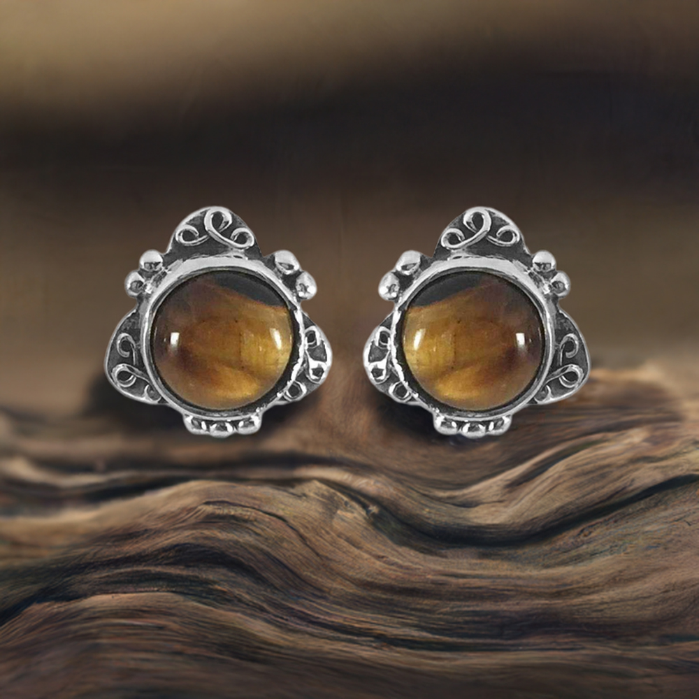 925 Sterling Silver Earrings In Semi Precious Tiger's Eye Gemstone 925SE1345