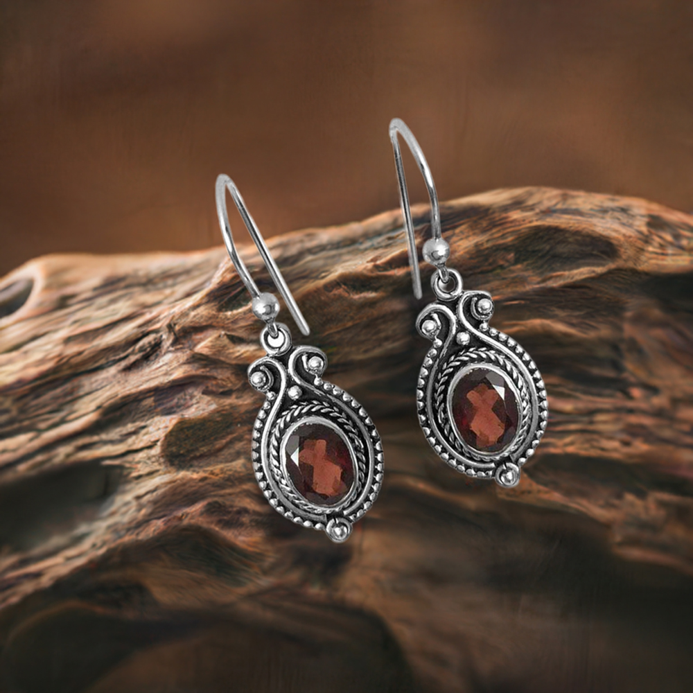 Semi Precious Garnet Gemstone Earrings In 925 Sterling Silver Jewelry 925SE1351