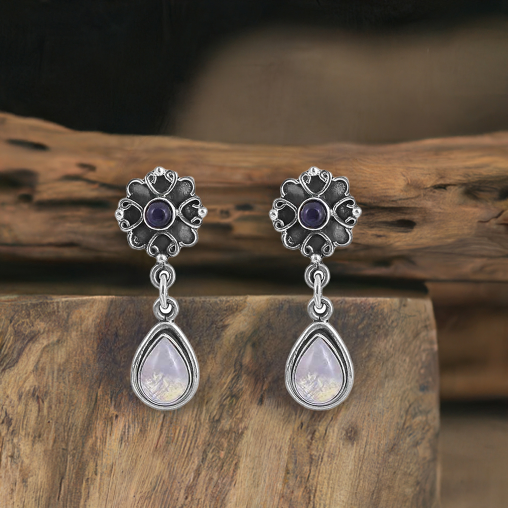 925 Sterling Silver Earrings In Rainbow Moonstone-Black Onyx Gemstone Jewelry 925SE16