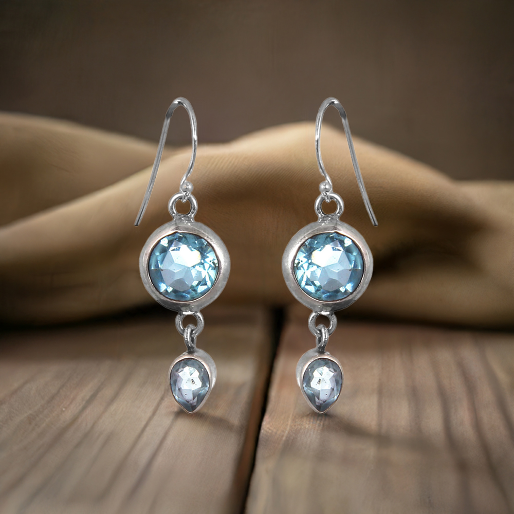 Bezel Blue Topaz Earring In Sterling Silver Jewelry 925SE163