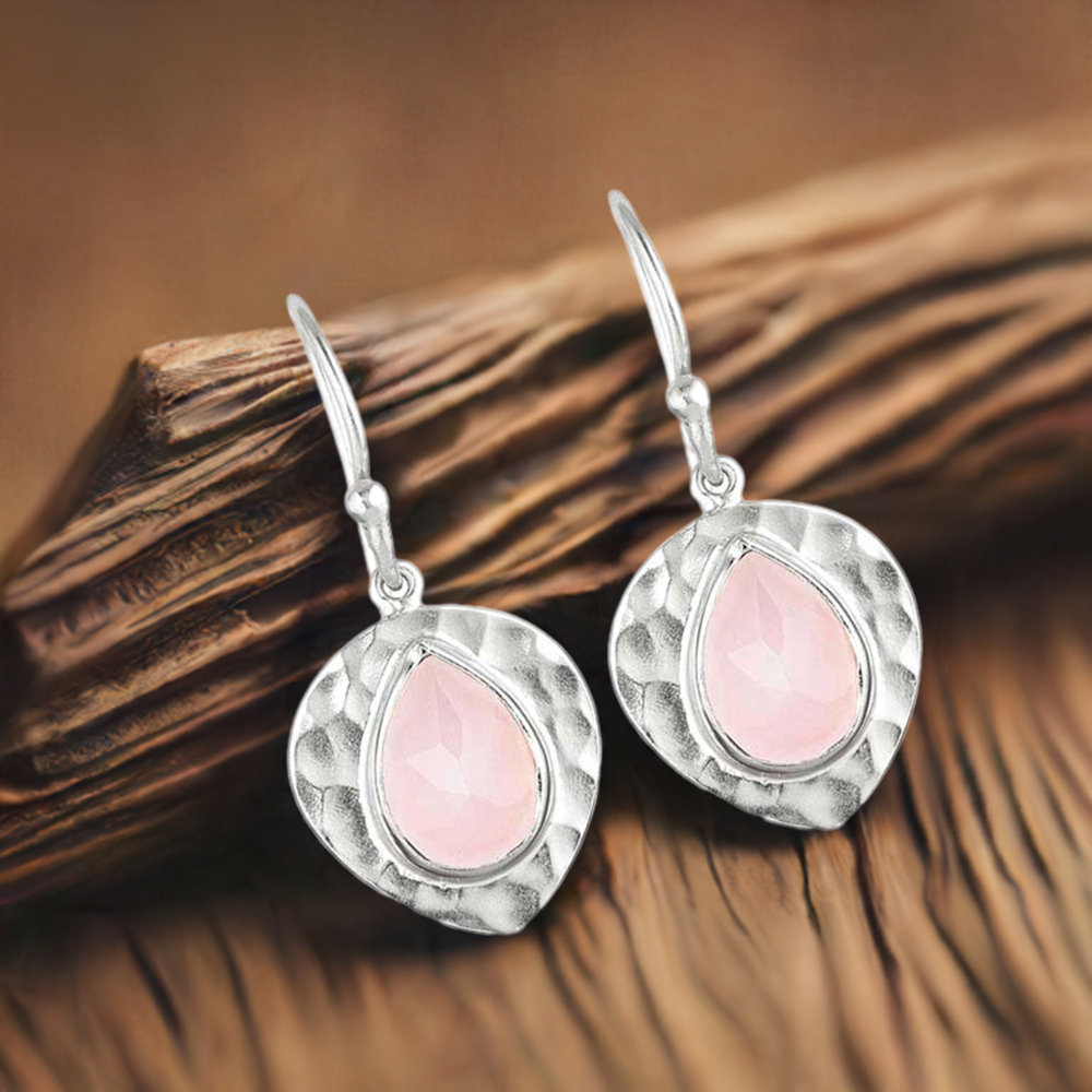 Solid 925 Silver Earrings In Natural Rose Quartz Gemstone 925SE1837