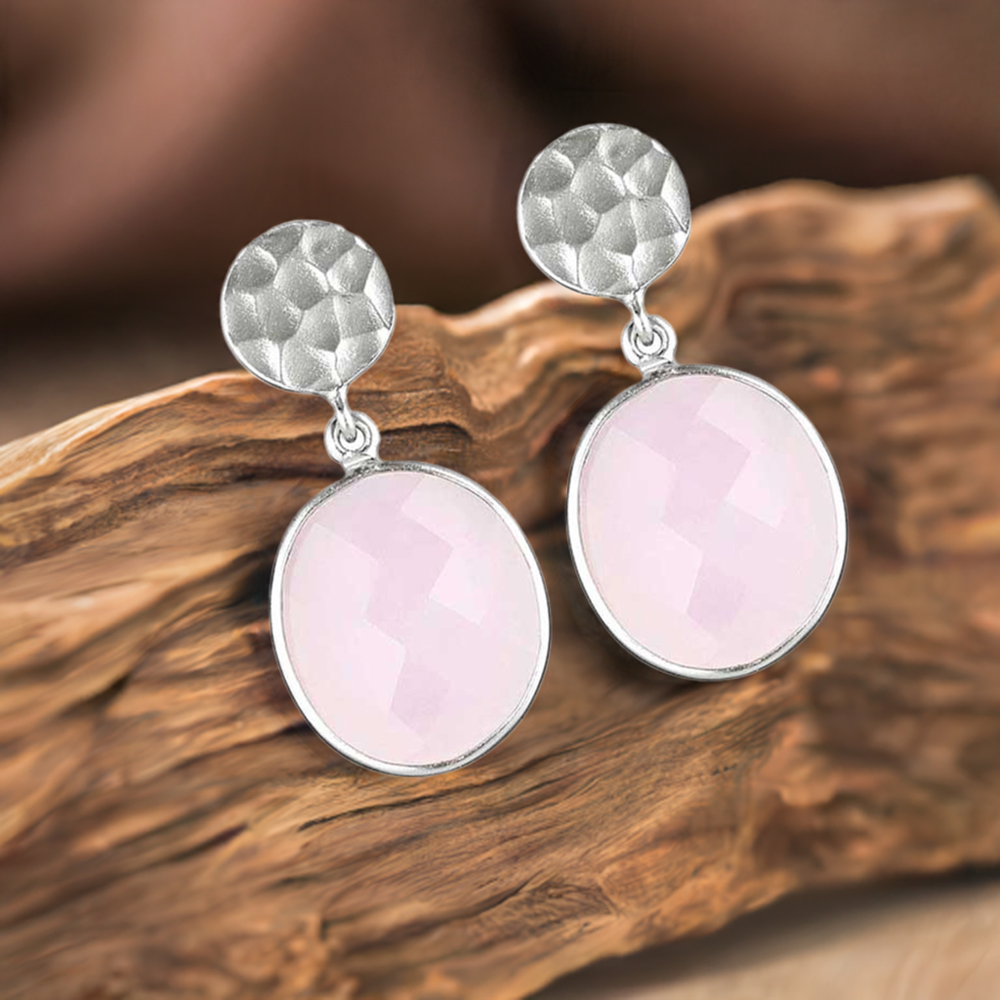 Fine 925 Sterling Silver Earrings In Genuine Rose Quartz Gemstone 925SE1842