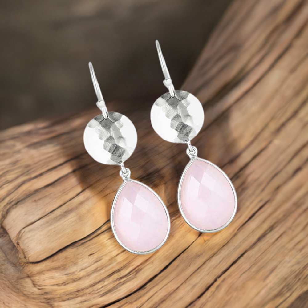 Semi Precious Rose Quartz Gemstone Earrings In 925 Sterling Silver 925SE1844