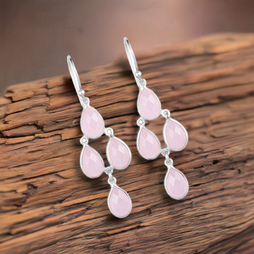 925 Sterling Silver Earrings In Semi Precious Rose Quartz Gemstone 925SE1859