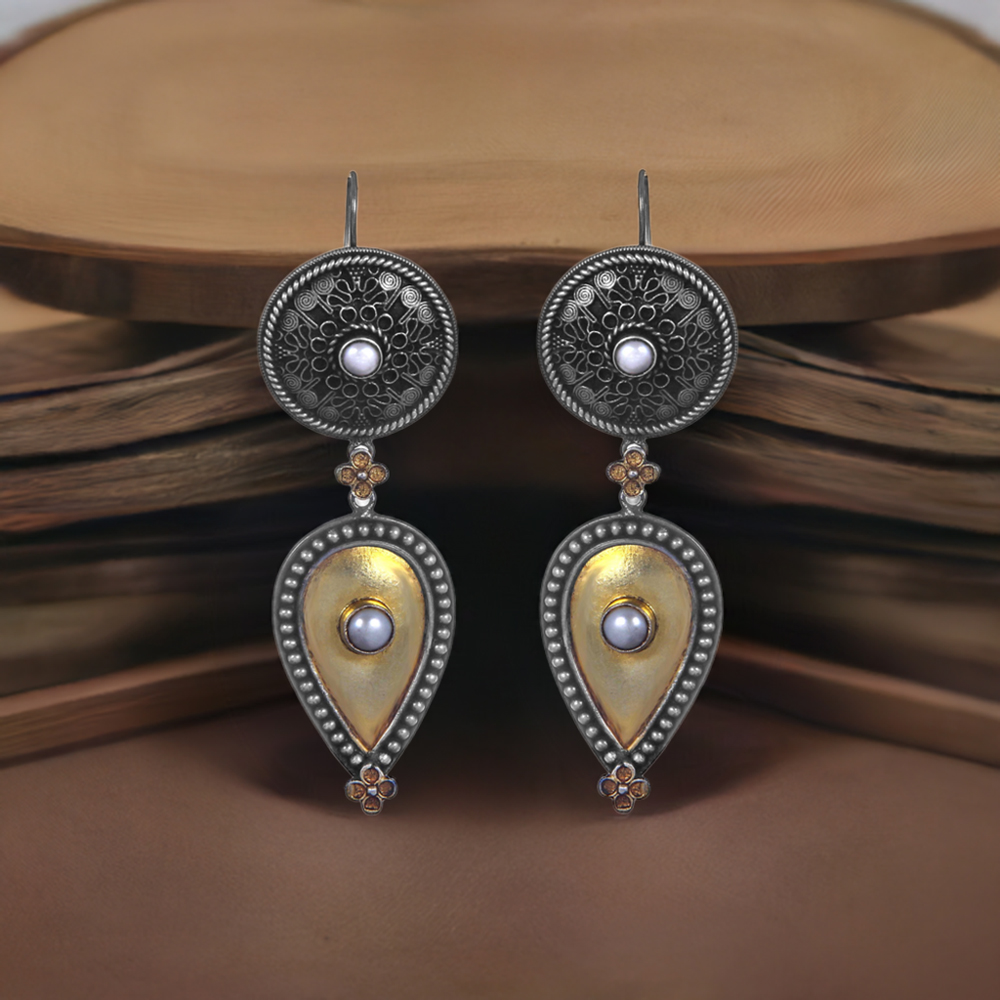 Antique Look Two Tone Earring In Sterling Silver Jewelry 925SE187