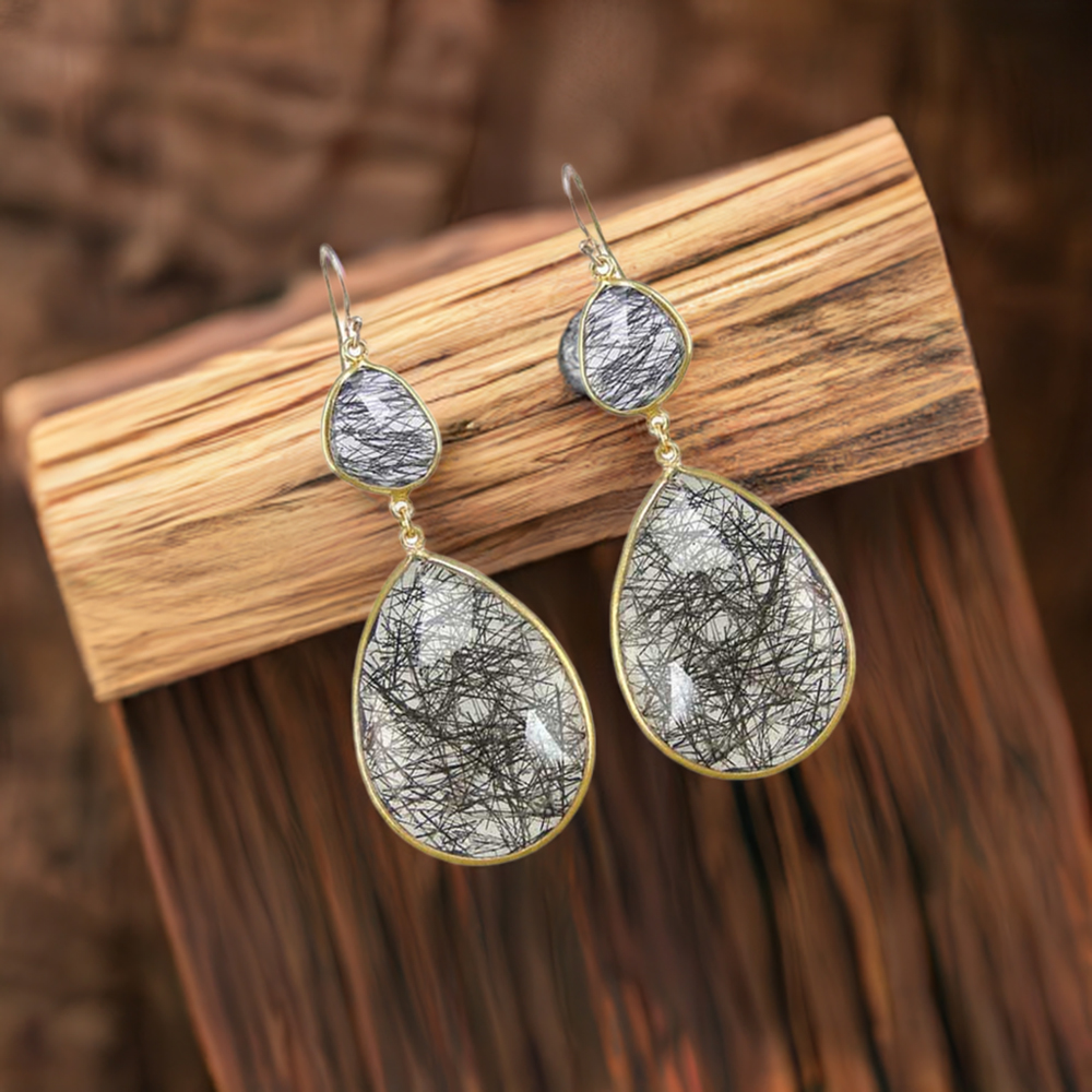 Genuine Black Rutile Gemstone Earrings In 925 Sterling Silver Jewelry 925SE1875