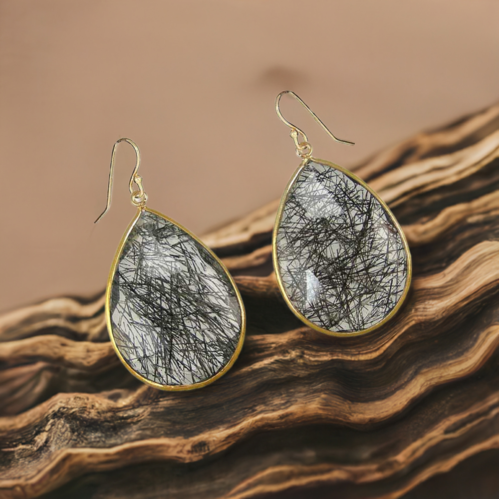 Fine 925 Sterling Silver Earrings In Natural Black Retile Gemstone 925SE1919