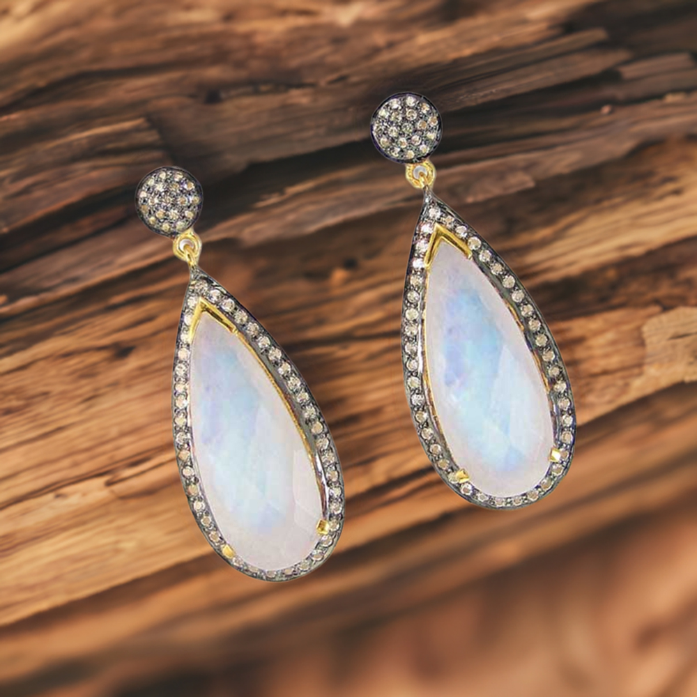 Fine 925 Sterling Silver Earrings In Semi Precious Rainbow Moonstone 925SE1999