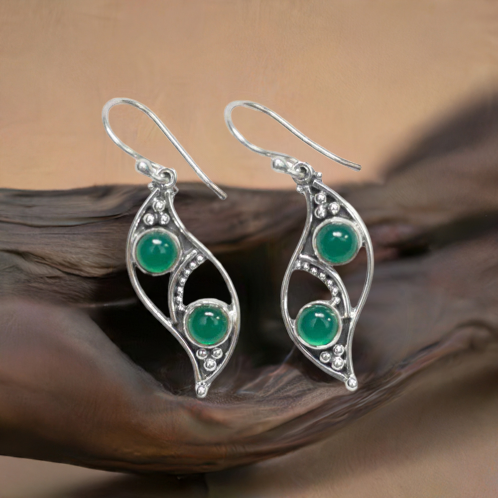 925 Sterling Silver Earrings In Semi Precious Green Onyx Gemstone 925SE2011