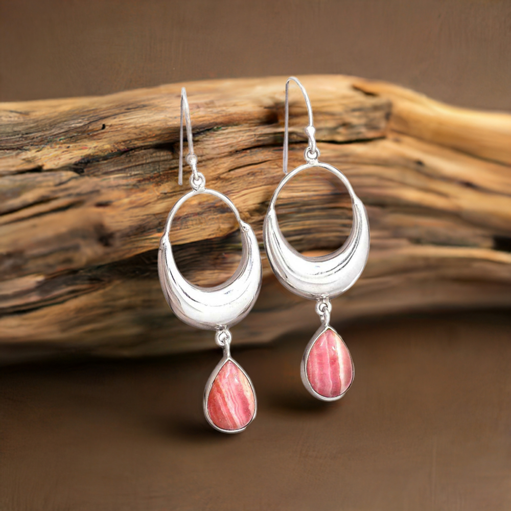 Solid 925 Silver Earrings In Genuine Rhodochrosite Gemstone 925SE2019
