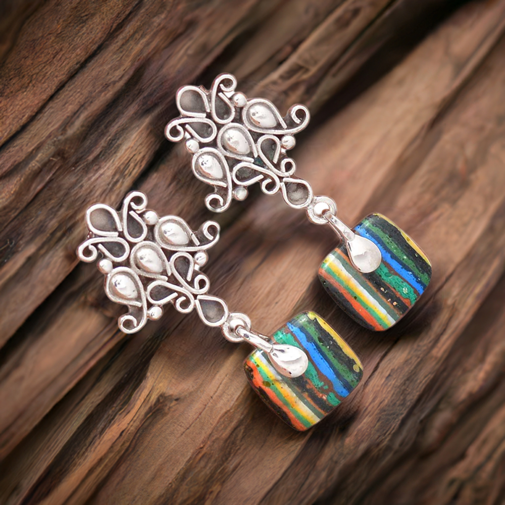 925 Sterling Silver Earrings In Genuine Rainbow Calsilica Gemstone 925SE2037