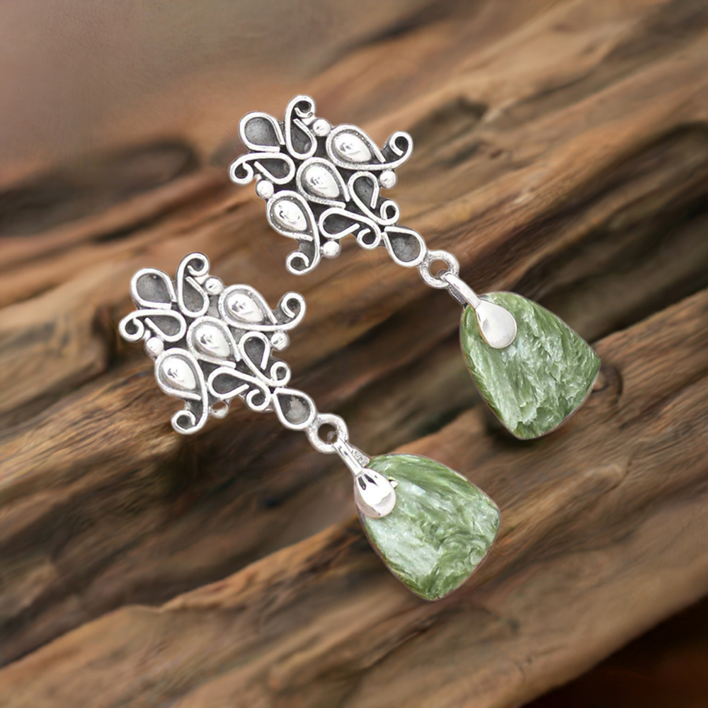 925 Sterling Silver Earrings In Semi Precious Seraphinite Gemstone 925SE2042