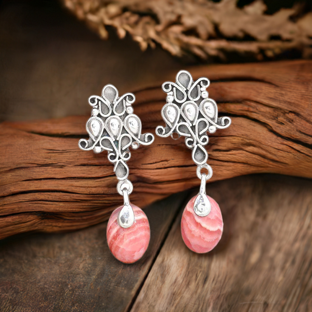925 Sterling Silver Earrings In Genuine Rhodochrosite Gemstone 925SE2043