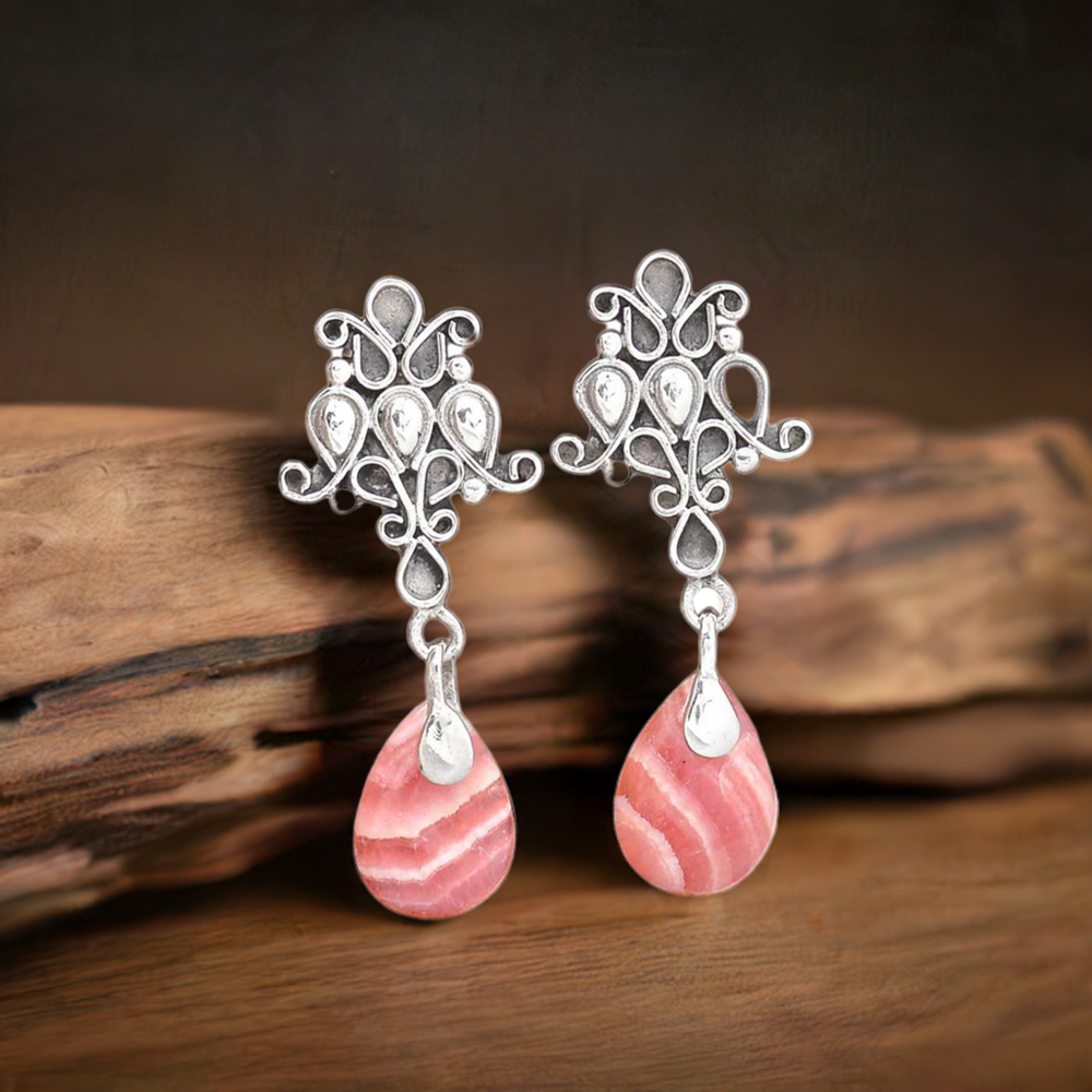 Semi Precious Rhodochrosite Gemstone Earrings In 925 Sterling Silver Jewelry 925SE2057
