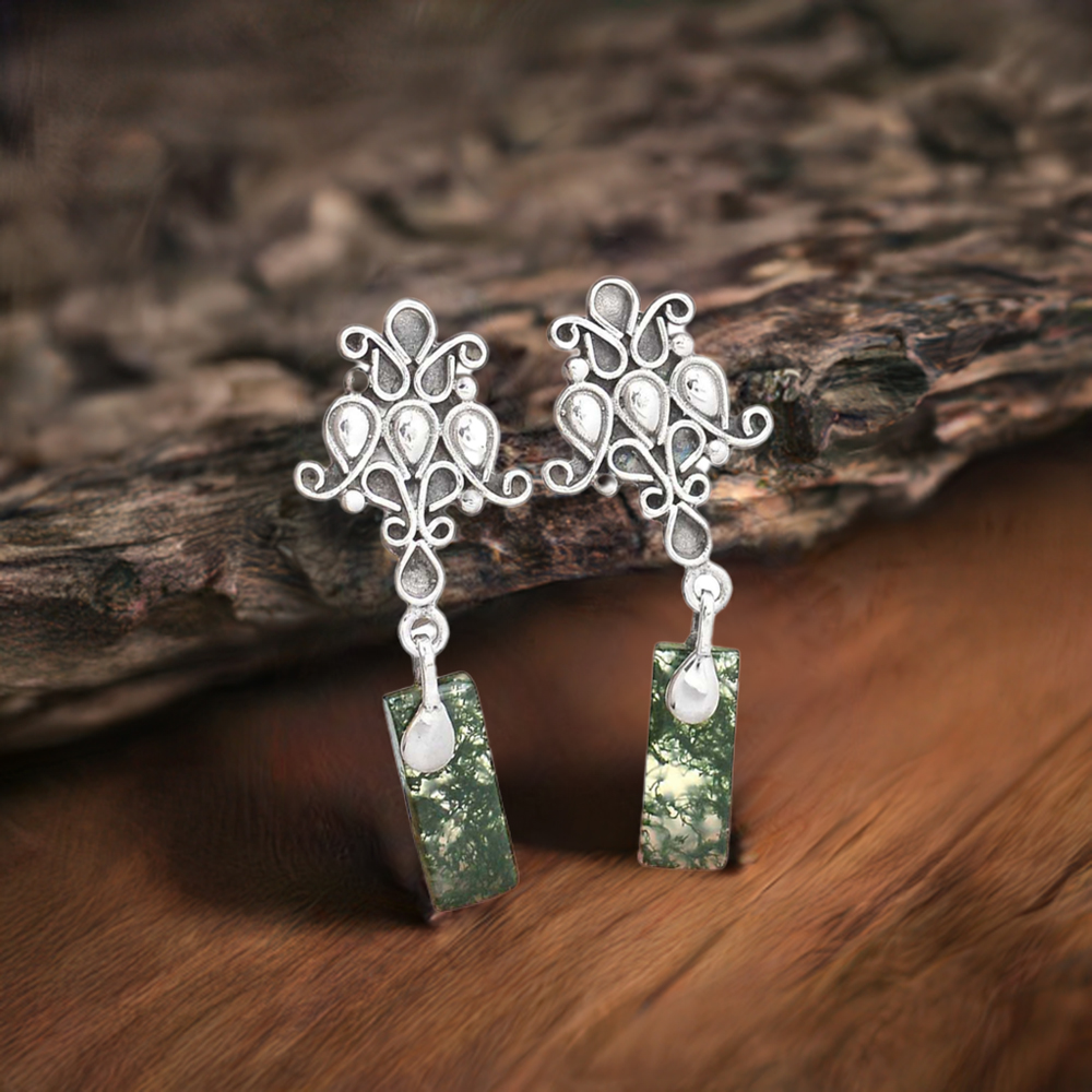 Genuine Moss Agate Gemstone Earrings In 925 Sterling Silver Jewelry 925SE2058