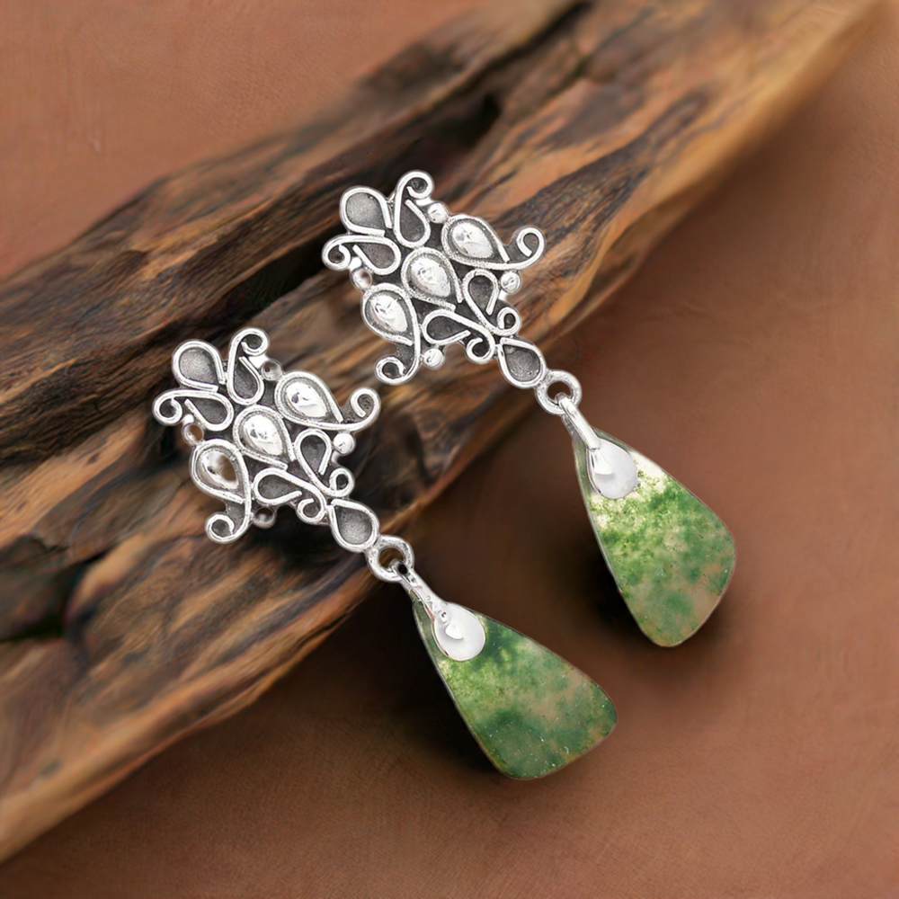 925 Sterling Silver Earrings In Moss Agate Gemstone Jewelry 925SE2059