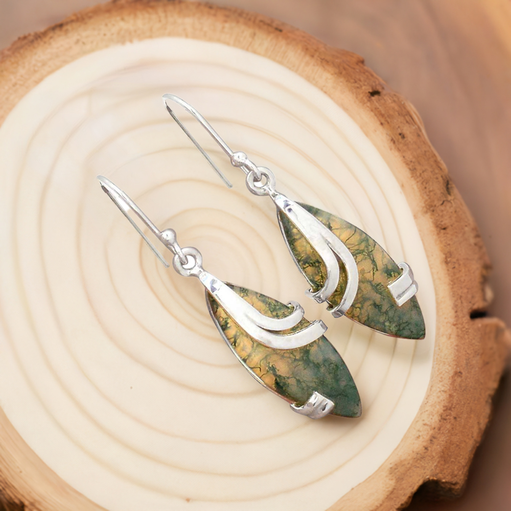 925 Sterling Silver Handmade Earrings In Moss Agate Gemstone Jewelry 925SE2077