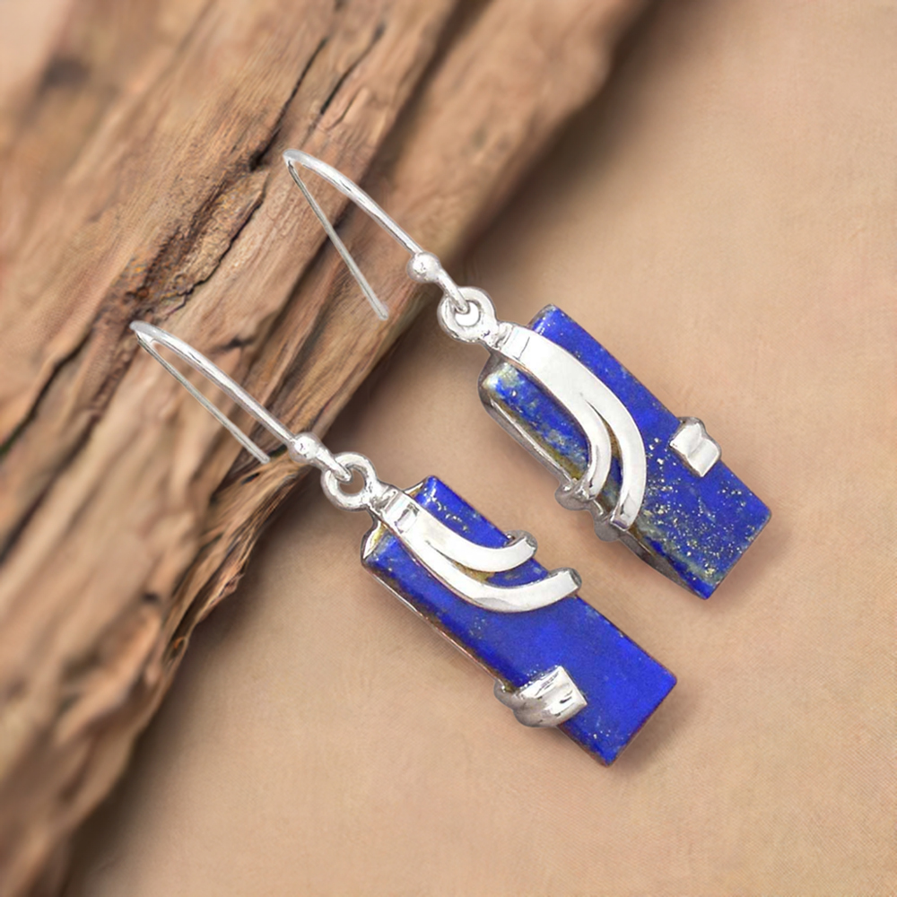 Solid 925 Silver Earrings In Genuine Lapis Gemstone 925SE2098