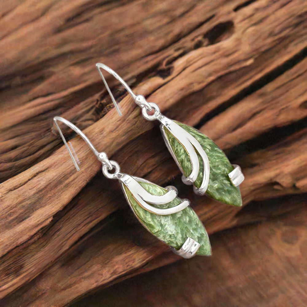 Fine 925 Sterling Silver Earrings In Natural Seraphinite Gemstone 925SE2099