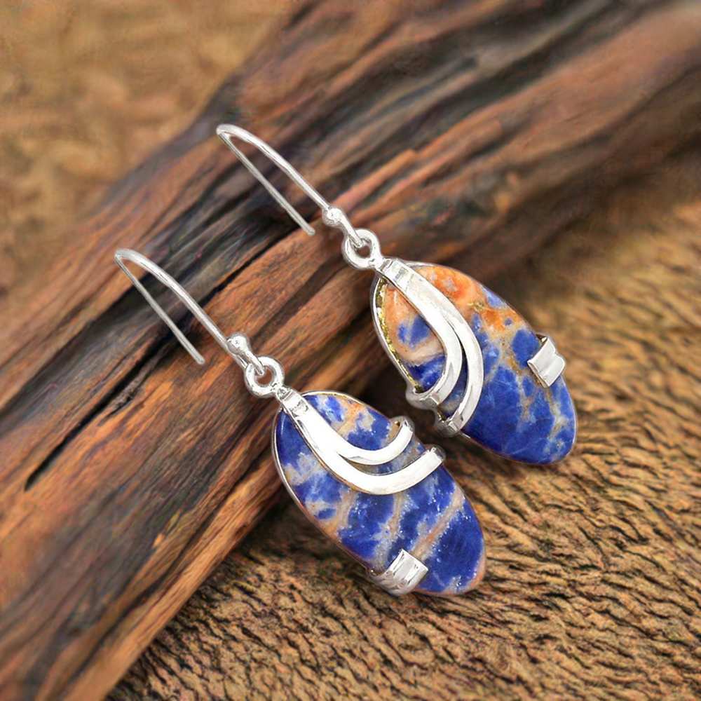 Fine 925 Sterling Silver Earrings In Genuine Sodalite Gemstone 925SE2101