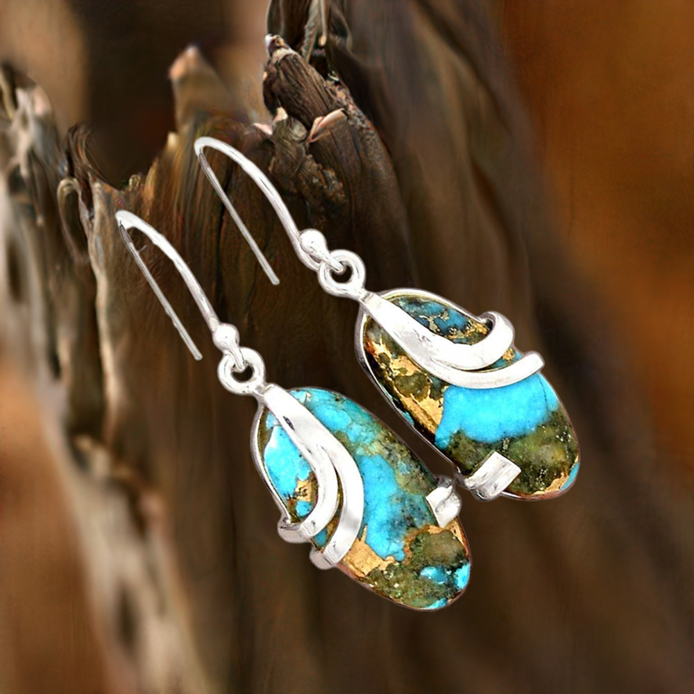 925 Sterling Silver Earrings In Genuine Copper Turquoise Gemstone 925SE2113